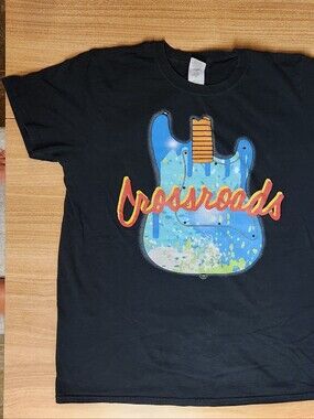 Gildan Black Tee with Blue Guitar Graphic & Red Script